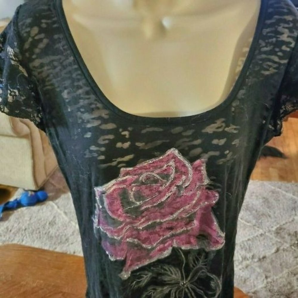 BONGO Black Sheer Mesh Stretch Blouse/Halter Rose